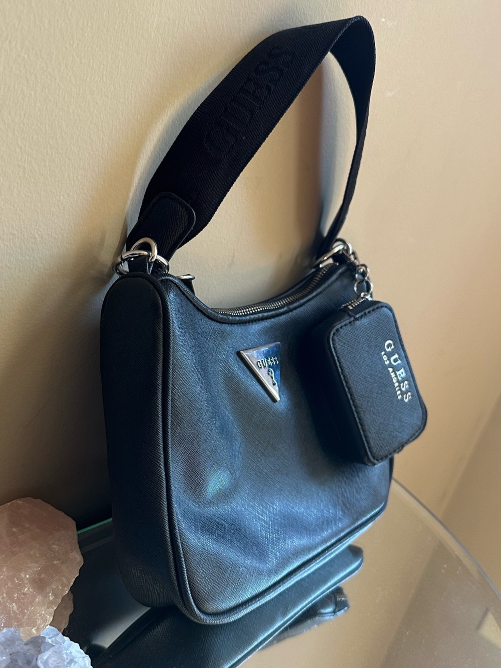 GUESS Black Shoulder Bag with Logo Triangle and Zip Charm - Picture 3 of 9